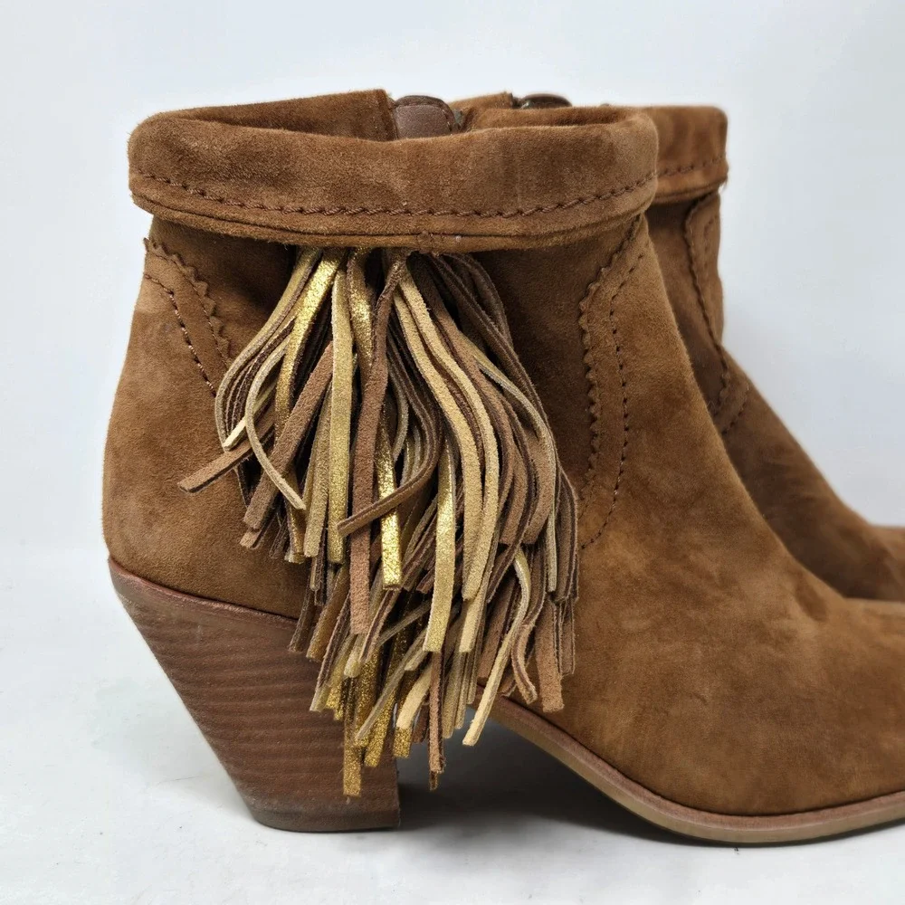 Sam Edelman Louie Cognac‎ Brown Suede Fringe Ankle Boots Gold Metallic Accents 9